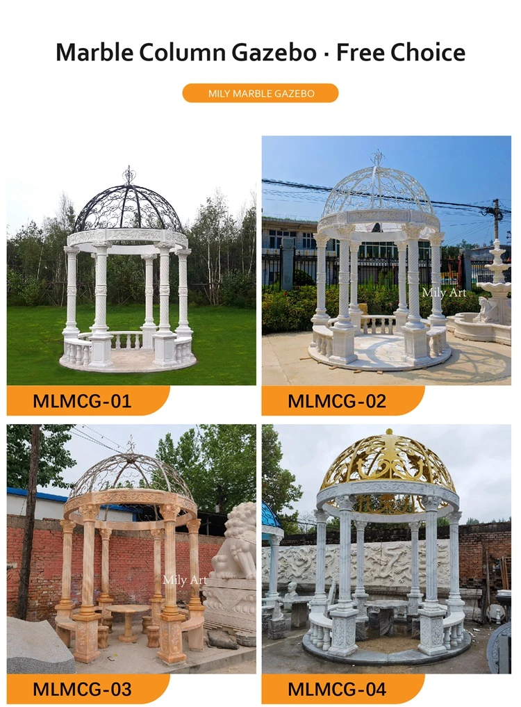 China Manufacture Custom Hand Carved Outdoor White Marble Garden Gazebo with Dome