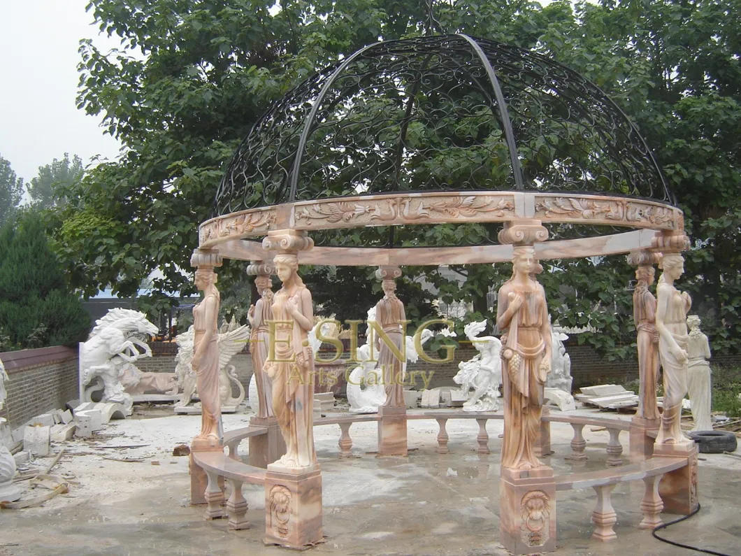 Large Sculpture Column Natural Stone Granite or Marble Gazebo with Iron Roof for Sale