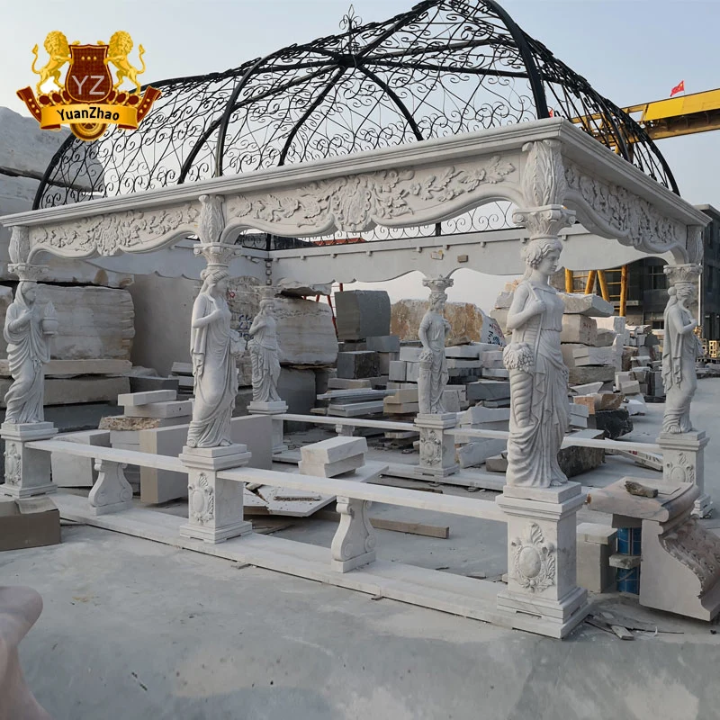 Garden Stone Gazebos White Marble Carving Gazebos with Lady Statues Column Pavilion