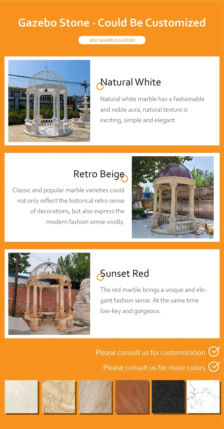 Custom Beige Hand Carved Outdoor Garden Decor Natural Stone Round Pavilion Marble Column Gazebo for Decoration