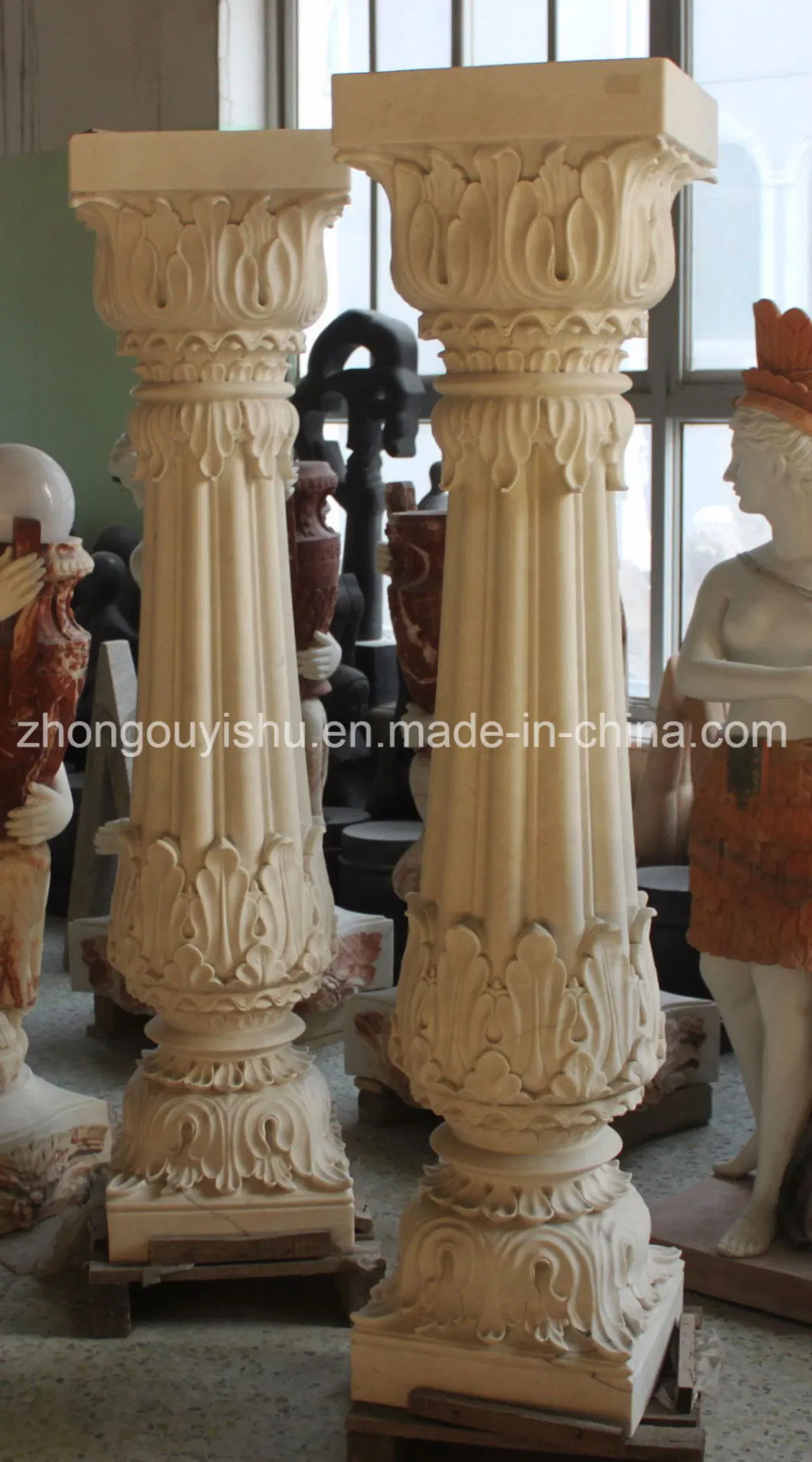 Pedestal Column White Marble Carving